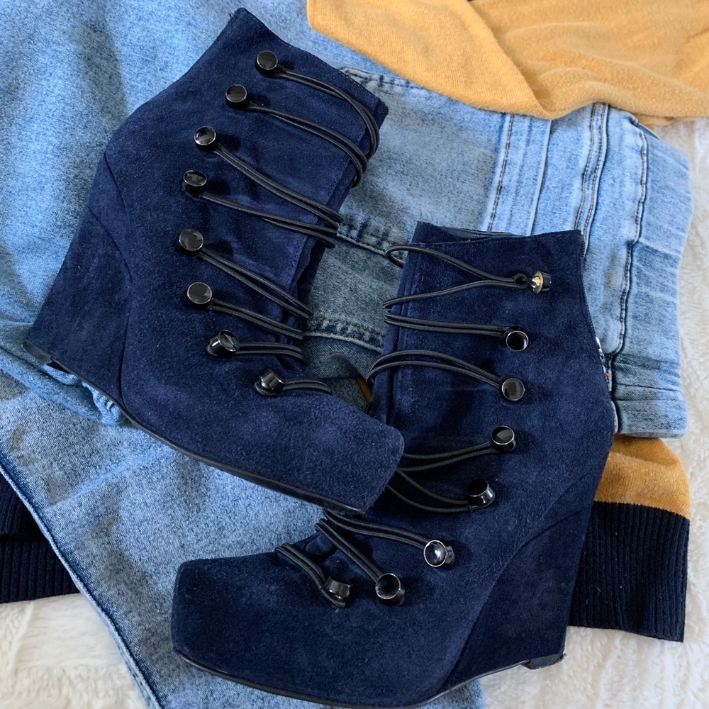 Rachel Roy Midnight Blue Suede Button Wedge Boots